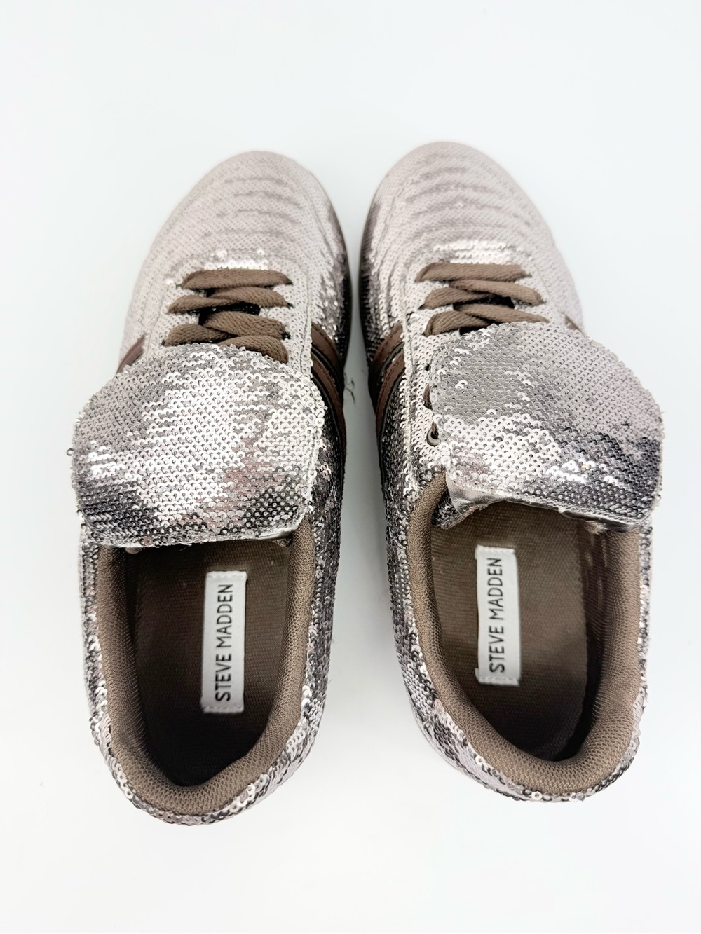Steve Madden MADRID Silver Sequin Sparkle Brown Stripe Tongue Flap Sneaks NWOB - Picture 12 of 16